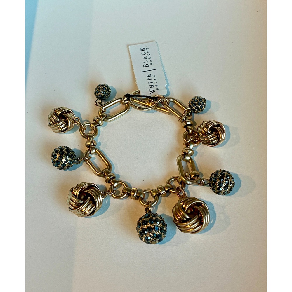 WHBM Gold Tone Charm Bracelet Black Crystal Pave Knot Charms Toggle Clasp View 5
